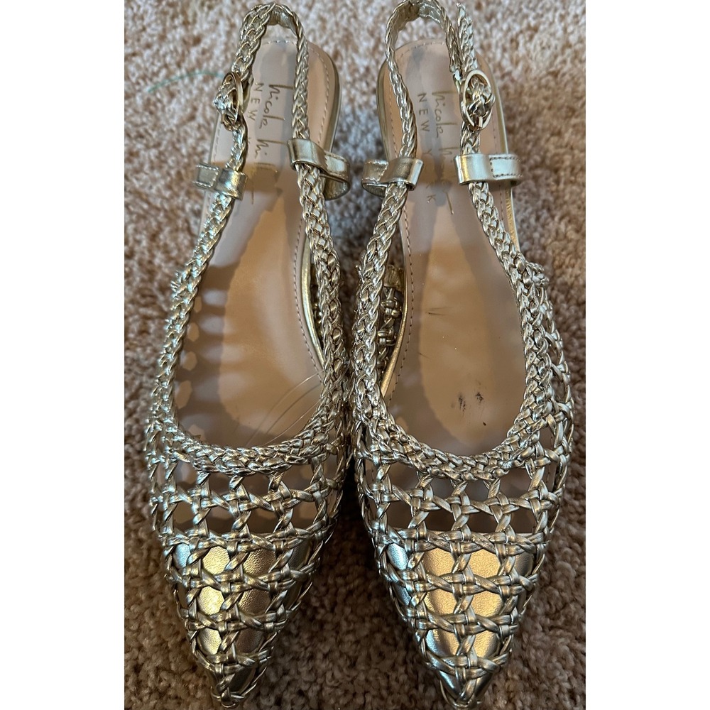 Nicole Miller New York Knotty Gold Woven Slingback Kitten Heels Pumps Womens 6